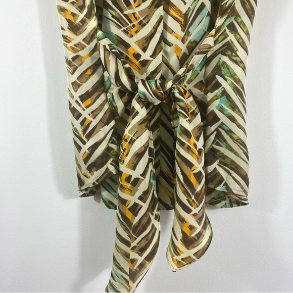 Silk Summer Tie Front Blouse Cap Sleeve Abstract Print Aqua Orange Brown… - Picture 7 of 8